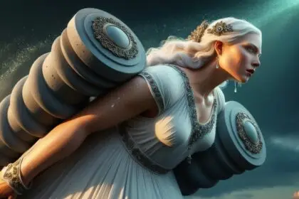 Artistic rendering of Sansuna, the legendary giantess of Malta, standing over the island's landscape