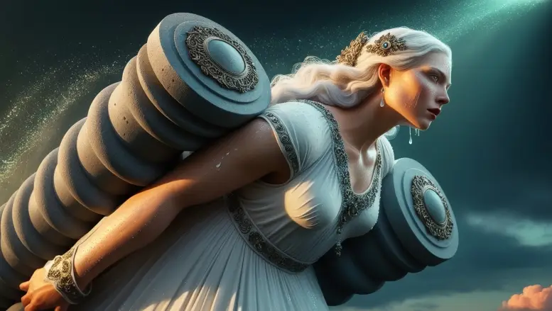 Artistic rendering of Sansuna, the legendary giantess of Malta, standing over the island's landscape